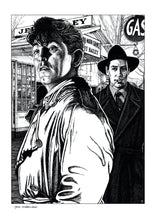 Load image into Gallery viewer, Film noir art drawing print of Out Of The Past by John Harbourne