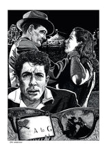 Load image into Gallery viewer, Film noir art drawing print of Strangers On A Train by John Harbourne