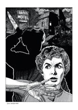 Load image into Gallery viewer, Film noir art drawing print of Psycho by John Harbourne