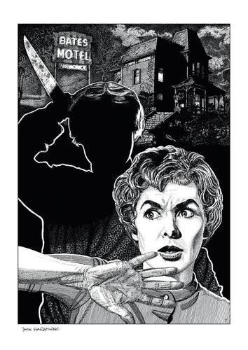 Film noir art drawing print of Psycho by John Harbourne